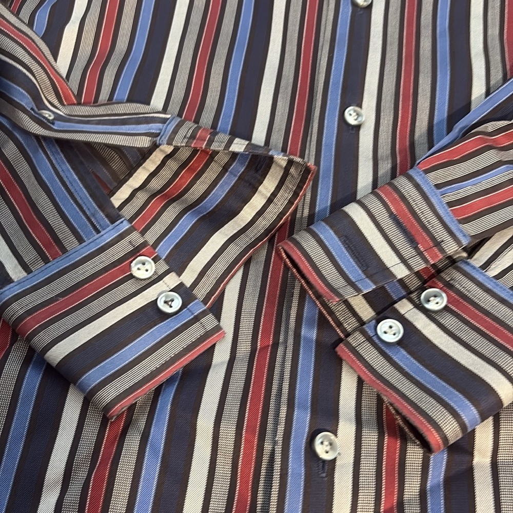 Murano Men's Striped Button Down Shirt - Blue, Red, Black - Picture 13 of 15
